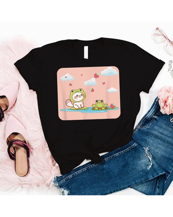 Strawberry Cottagecore Aesthetic Kawaii Cat & Frog Retro 90s T-Shirt