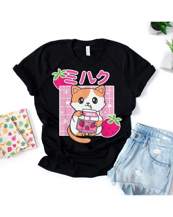 Kawaii Cute Graphic Anime Strawberry Milk Japanese Cat Lover T-Shirt