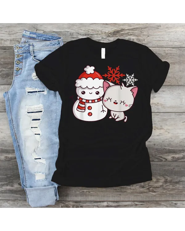 Kawaii Snow Man and Cat with Snowflakes T-Shirt