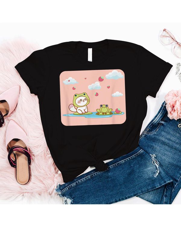 Strawberry Cottagecore Aesthetic Kawaii Cat & Frog Retro 90s T-Shirt