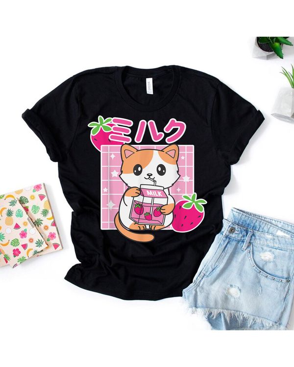 Kawaii Cute Graphic Anime Strawberry Milk Japanese Cat Lover T-Shirt