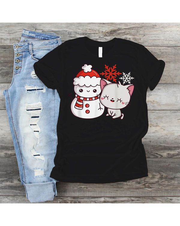 Kawaii Snow Man and Cat with Snowflakes T-Shirt